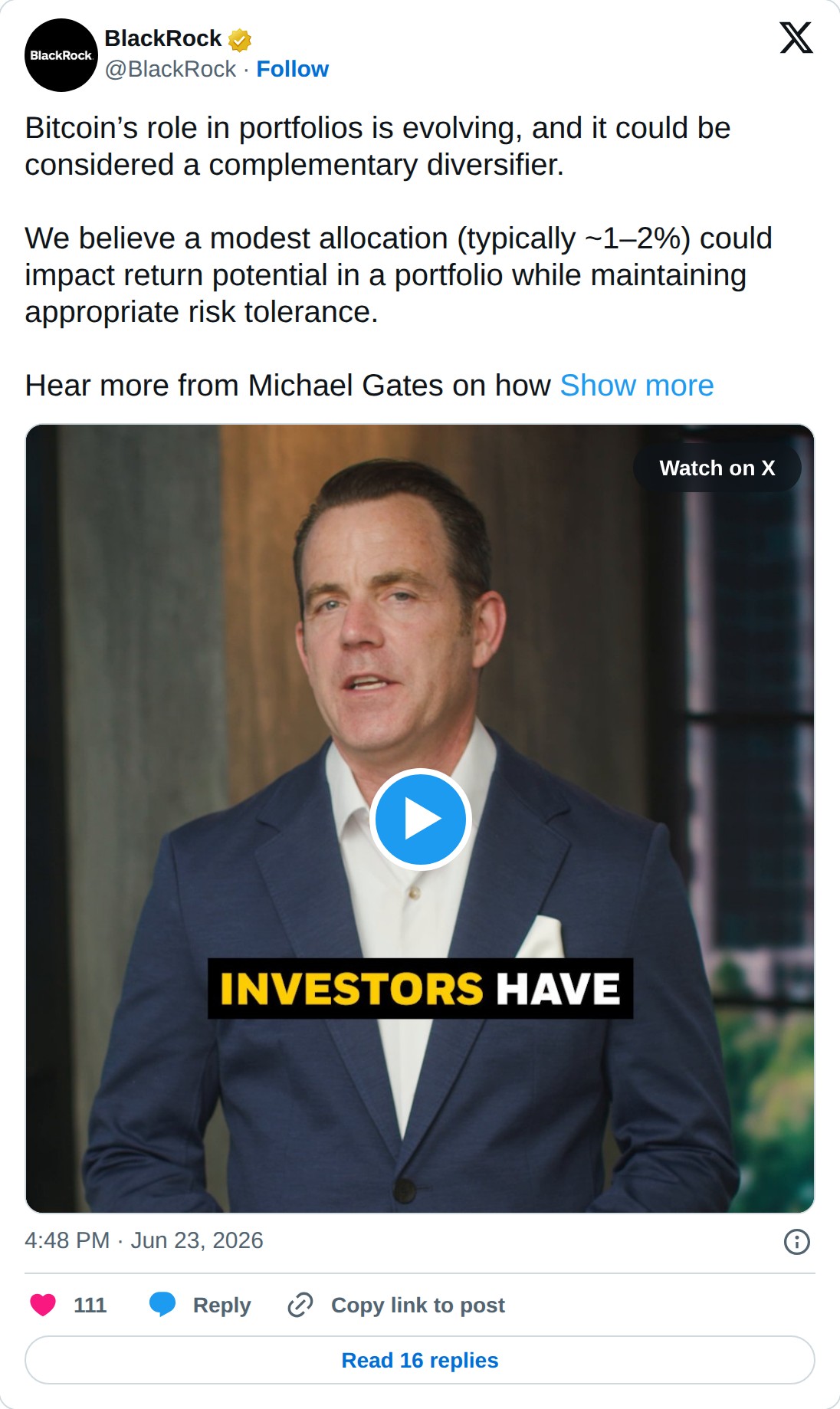 @BlackRock op X: BlackRock @BlackRock · Follow Bitcoin’s role in portfolios is evolving, and it could be considered a complementary diversifier. We believe a modest allocation (typically ~1–2%) could impact return potential in a portfolio while maintaining appropriate risk tolerance. Hear more from