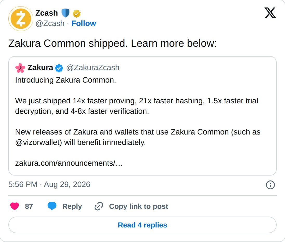 @Zcash op X: Zcash @Zcash · Follow Zakura Common shipped. Learn more below: Zakura @ZakuraZcash Introducing Zakura Common. We just shipped 14x faster proving, 21x faster hashing, 1.5x faster trial decryption, and 4-8x faster verification. New releases of Zakura and wallets that use Zakura Common (su