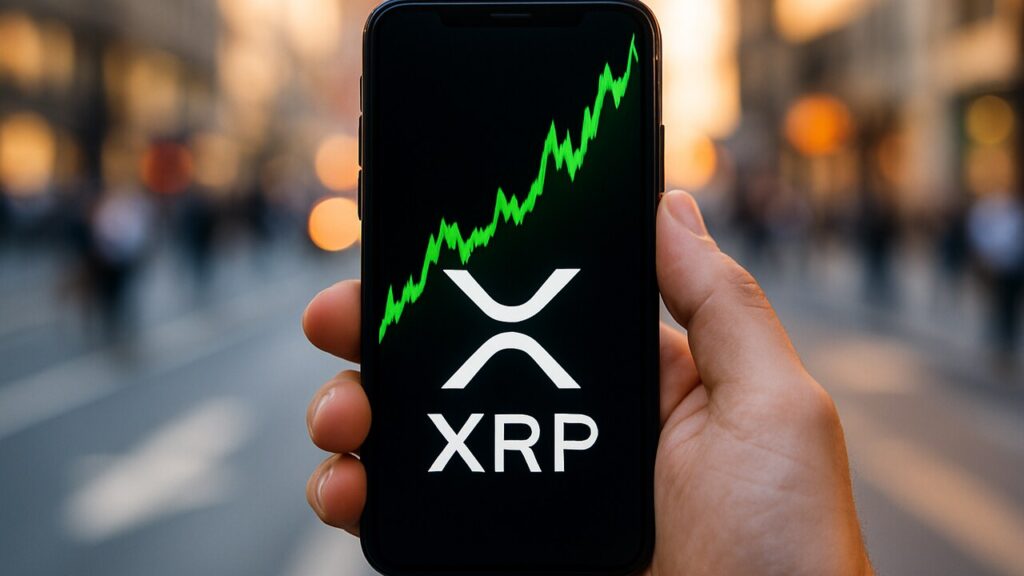 Een hand houdt een smartphone vast met een stijgende groene XRP-koersgrafiek en het XRP-logo op het scherm