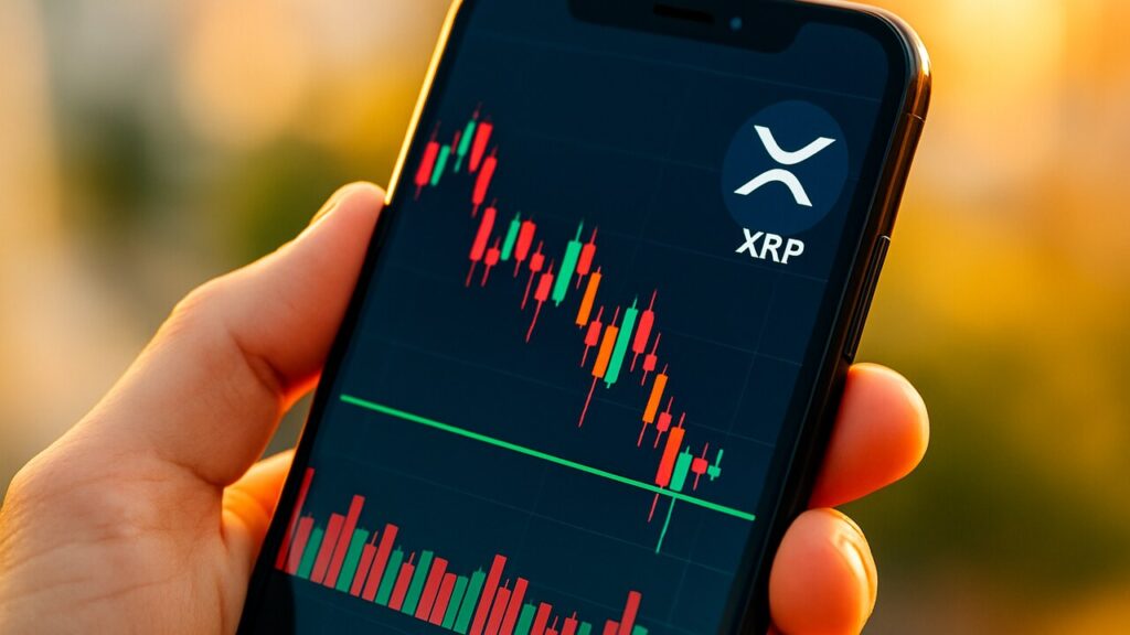 Smartphone met XRP koersgrafiek die net boven een groene steunlijn balanceert