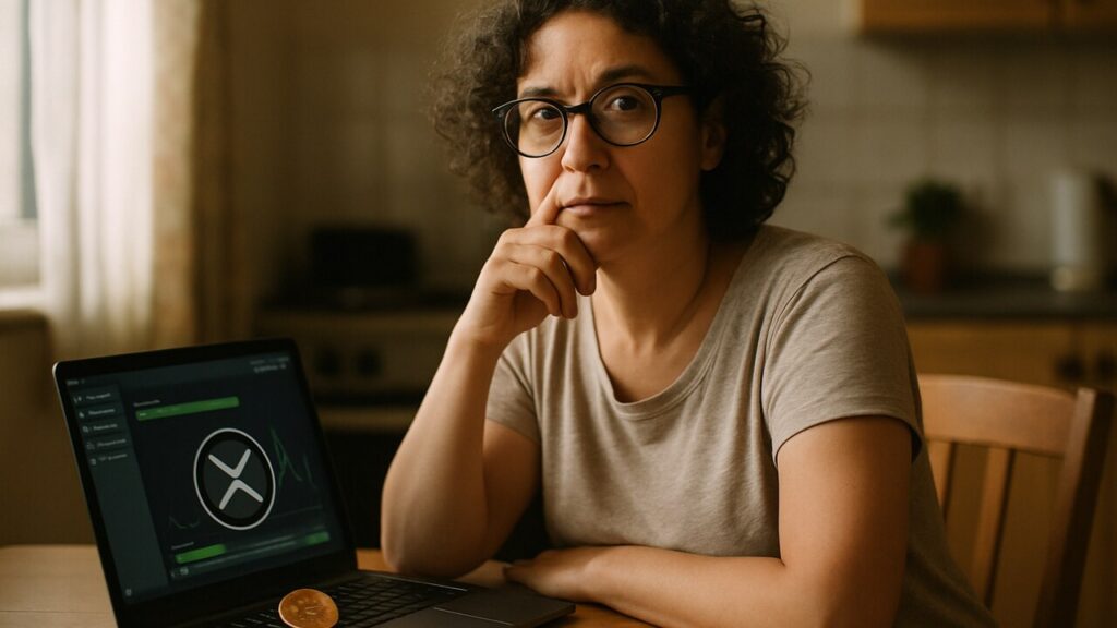 Vrouw aan keukentafel kijkt naar laptop met chatinterface en XRP-logo op het scherm