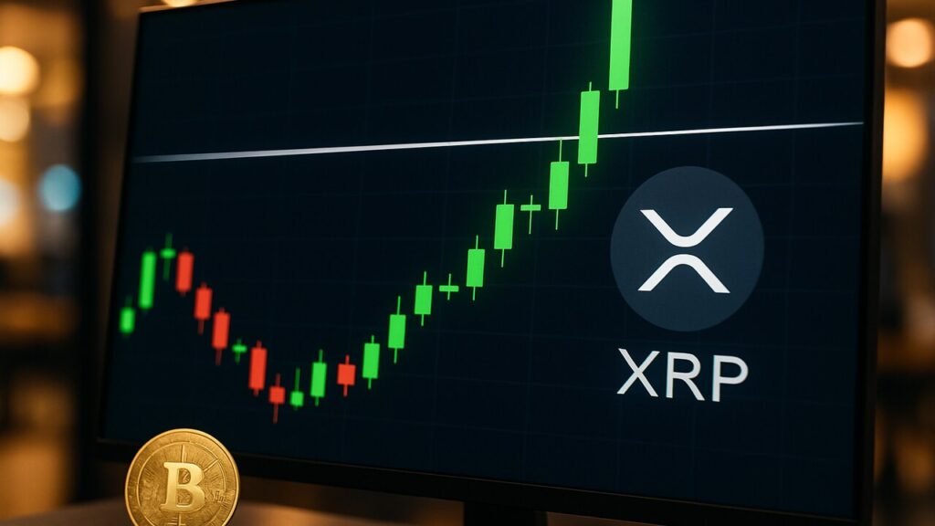 XRP koers die op een scherm door een weerstandslijn omhoog breekt met een stijgende groene grafiek