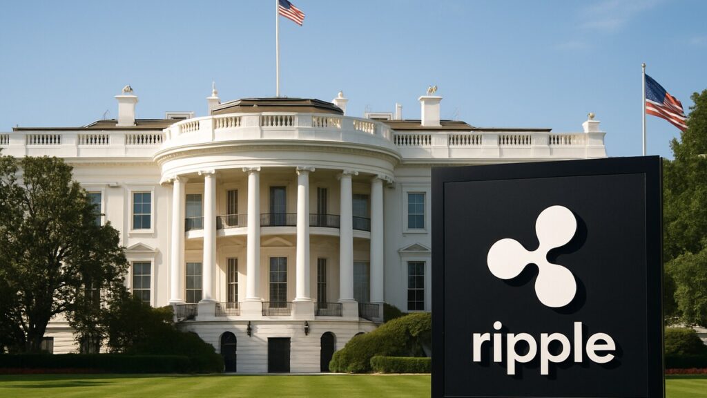 Het Witte Huis in helder daglicht met een opvallend Ripple-logo, symbool voor de cryptotop met Trump.