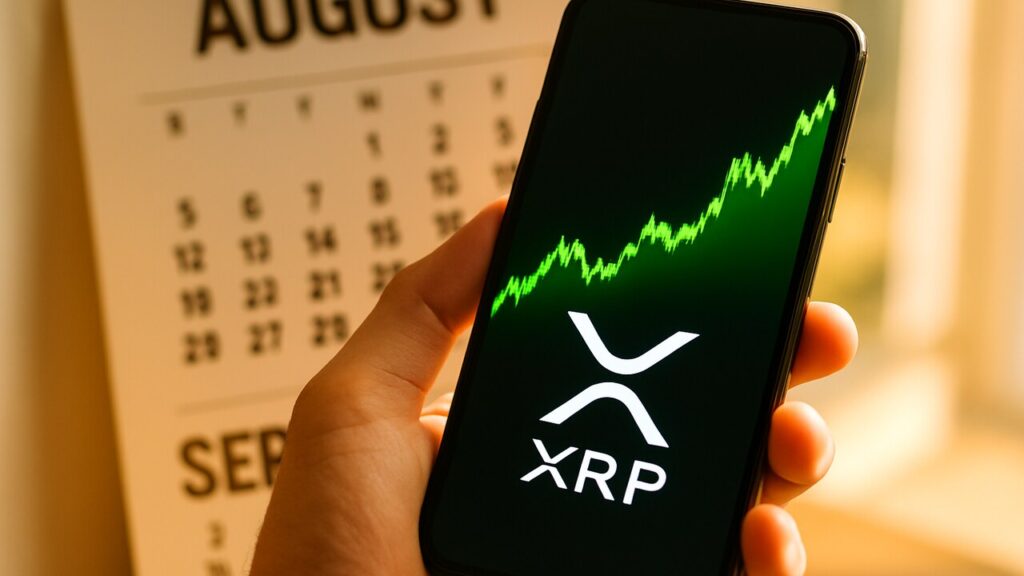 Smartphone toont een stijgende groene XRP koersgrafiek, met een kalender die van augustus naar september wisselt op de achtergrond.