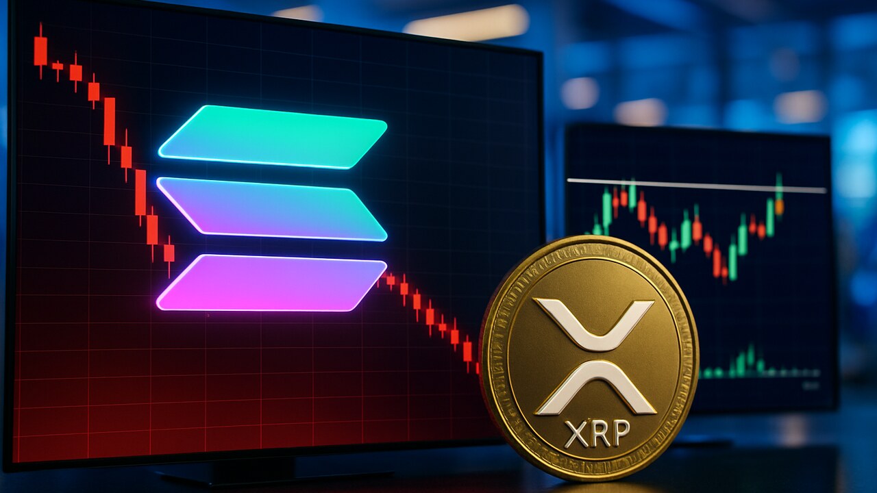 Solana- en XRP-logo's bij een koersgrafiek die op weerstand stuit met rode dalende candles