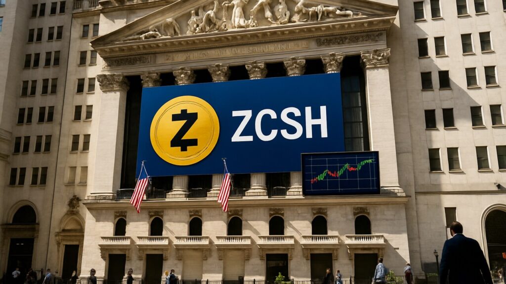 Beursgevel van de New York Stock Exchange met een banner van het Zcash-logo en ticker ZCSH