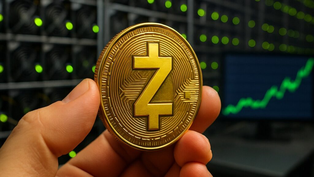 Een fysieke Zcash-munt met het herkenbare Z-logo voor een rij minende ASIC-machines, met een groene stijgende koersgrafiek op een scherm