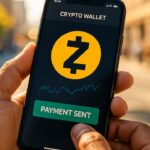 Hand houdt smartphone vast met Zcash-wallet die razendsnel een privé-betaling bevestigt
