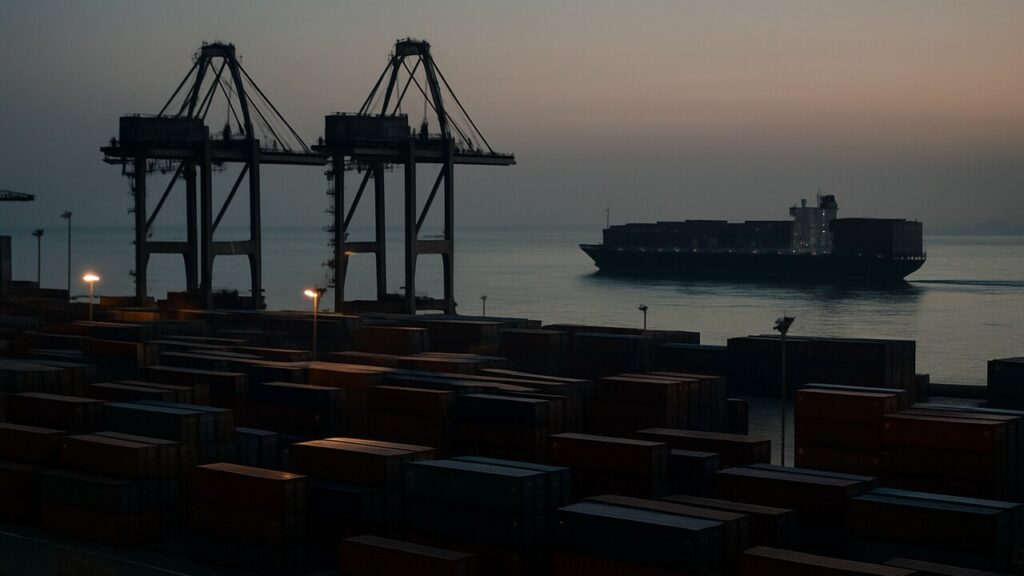 Containerhaven in Busan bij schemering met kranen en een vertrekkend vrachtschip als beeld van geld dat Zuid-Korea verlaat
