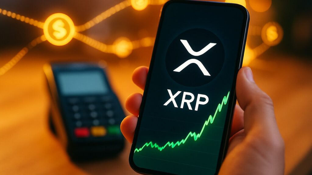 Smartphone met het XRP-logo en een stijgende groene grafiek, symbool voor groeiende activiteit op de XRP Ledger