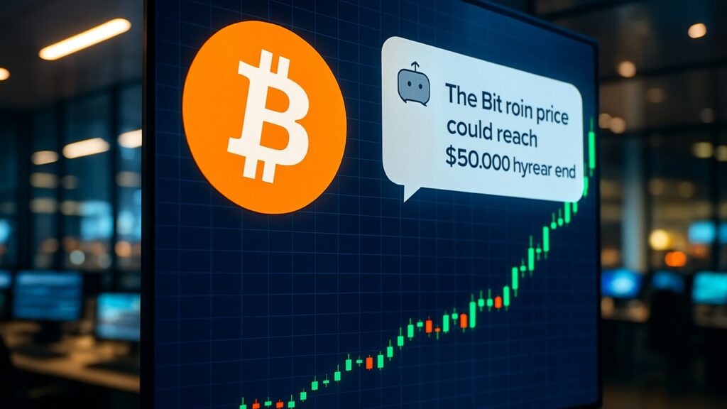 Beeldscherm met een stijgende Bitcoin-grafiek en het oranje Bitcoin-logo naast een AI-chatgesprek over de koersvoorspelling