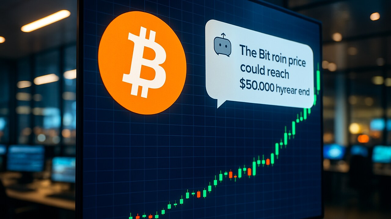 Beeldscherm met een stijgende Bitcoin-grafiek en het oranje Bitcoin-logo naast een AI-chatgesprek over de koersvoorspelling
