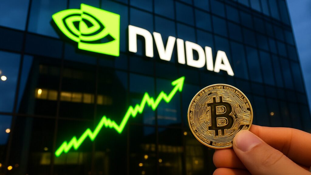 Bitcoin-munt op de voorgrond met een groot techlogo op een gebouw en een groene stijgende koersgrafiek op de achtergrond