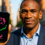 Arthur Hayes met een telefoon waarop een stijgende Uniswap koers en het roze UNI-logo te zien zijn