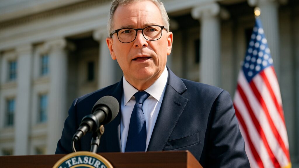 Scott Bessent spreekt bij een persmoment voor het Amerikaanse ministerie van Financiën
