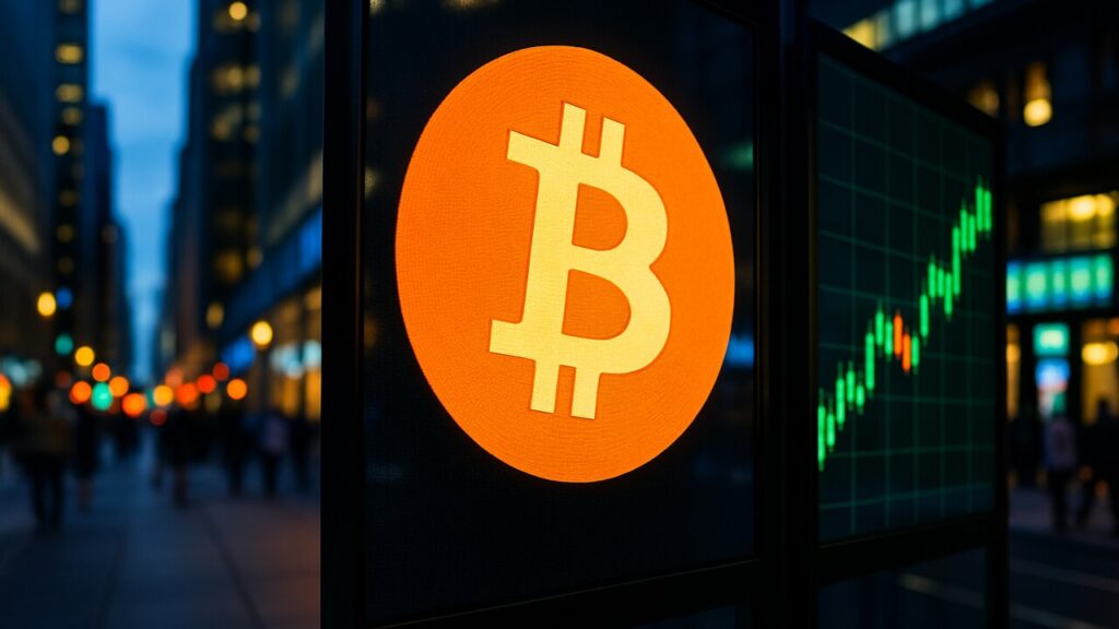 Groot Bitcoin-logo op een handelsscherm met een stijgende groene koersgrafiek ernaast