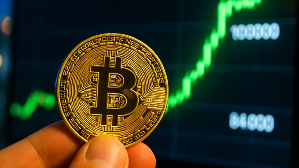 Fysieke Bitcoin-munt voor een scherm met een stijgende groene koersgrafiek en prijsniveaus