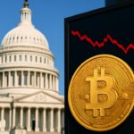 Het Amerikaanse Capitool met een Bitcoin-symbool en een rood dalende koersgrafiek op een scherm