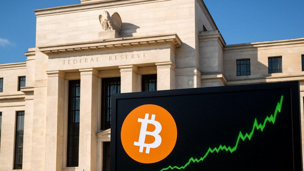 Gebouw van de Federal Reserve met een scherm dat een stijgende Bitcoin koers en het Bitcoin-logo toont