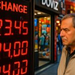 Wisselkantoor in Istanbul met een koersbord waarop de Turkse lira scherp daalt tegen de dollar
