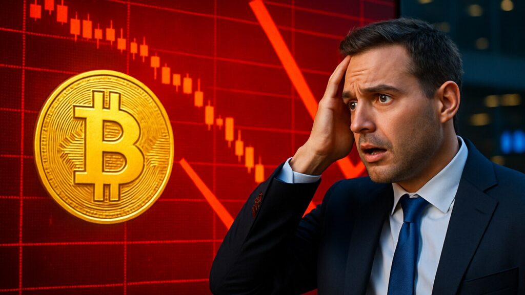 Rode dalende Bitcoin-grafiek op een groot scherm na tegenvallend inflatiecijfer
