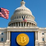 Het Amerikaanse Capitool met de Amerikaanse vlag en een Bitcoin-logo op de voorgrond