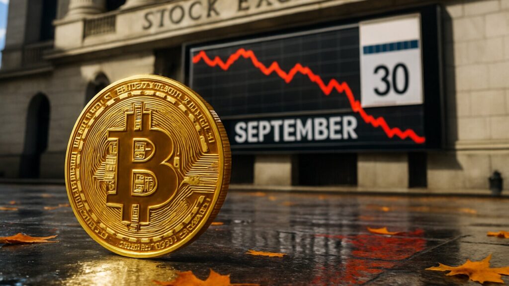 Fysieke Bitcoin-munt voor een beursgevel met rode dalende koersen en een septemberkalender