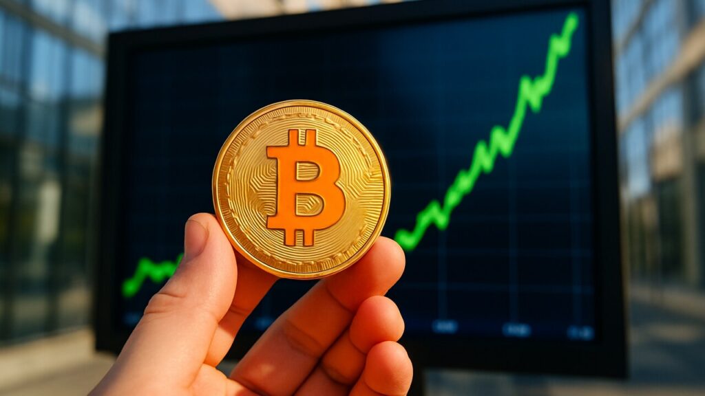 Een Bitcoin-munt voor een beursscherm met een stijgende groene koerslijn