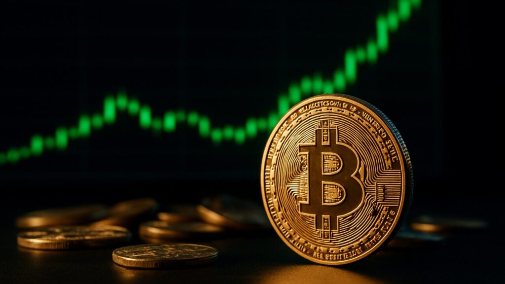 Een rechtopstaande Bitcoin-munt scherp belicht voor een groene stijgende koersgrafiek, met omgevallen altcoins wazig op de achtergrond.