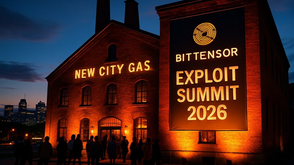 Historisch bakstenen evenementengebouw in Montreal met een verlichte Bittensor Exploit Summit 2026 banner bij de ingang