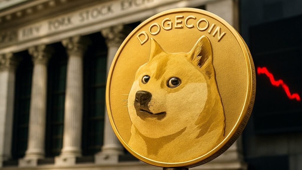 Fysieke Dogecoin-munt met Shiba Inu-logo voor de gevel van de New York Stock Exchange