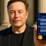Elon Musk voor een museumgevel met een telefoon waarop een chatbot te zien is en een klein Dogecoin-logo