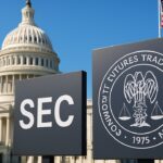 Het Amerikaanse Capitool met borden van de SEC en CFTC op de voorgrond