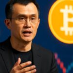 Changpeng Zhao voor een scherm met het Bitcoin-symbool naast een goudstaaf