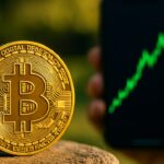 Fysieke Bitcoin-munt met opvallend BTC-logo in helder daglicht, met op de achtergrond een stijgende groene grafiek op een telefoon