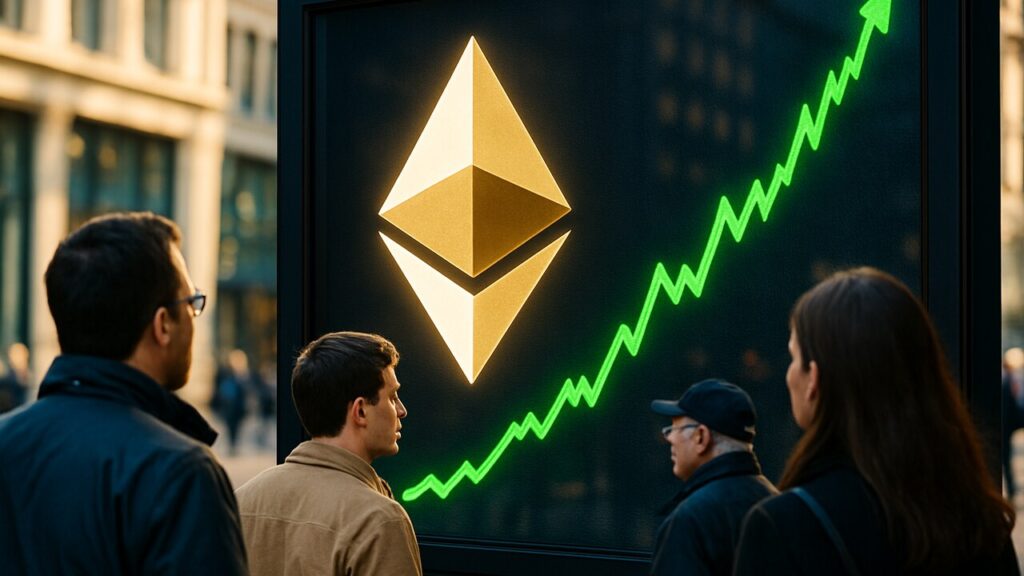 Het Ethereum-logo op een groot beursscherm met een stijgende groene koersgrafiek ernaast