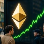 Het Ethereum-logo op een groot beursscherm met een stijgende groene koersgrafiek ernaast
