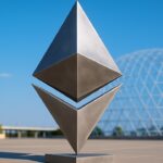 Groot herkenbaar Ethereum-logo als metalen beeld buiten op een plein, fel belicht onder een blauwe lucht.