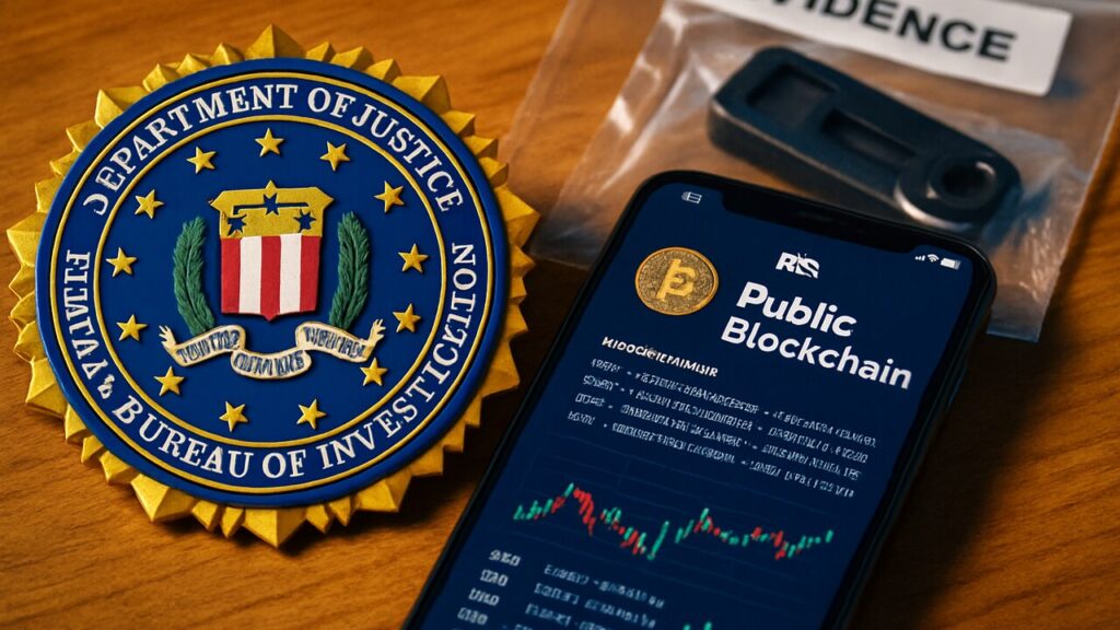 FBI-embleem naast een telefoon met een openbaar blockchain-grootboek en een in beslag genomen hardware wallet
