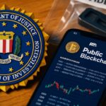 FBI-embleem naast een telefoon met een openbaar blockchain-grootboek en een in beslag genomen hardware wallet