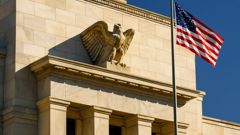 Gevel van het gebouw van de Amerikaanse Federal Reserve met een Amerikaanse vlag in helder daglicht