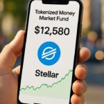 Smartphone met een app voor een getokeniseerd fonds en het Stellar-logo, buiten op straat
