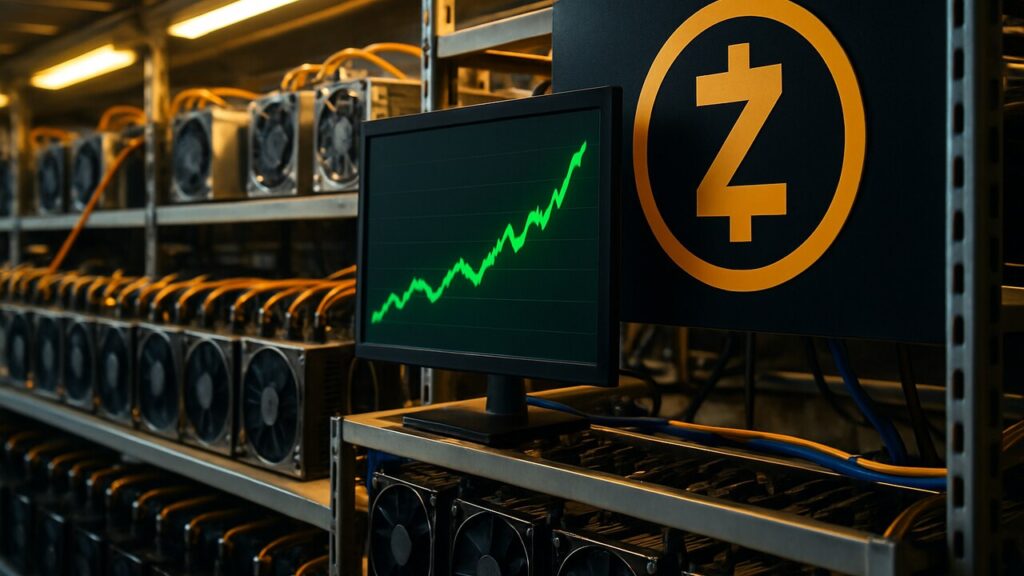 Mining-apparatuur in een datacenter met een groen stijgende grafiek en het Zcash-logo op een scherm