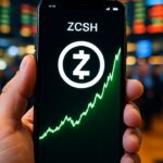 Smartphone toont stijgende groene ZCSH-grafiek met Zcash-logo, met beursschermen op de achtergrond