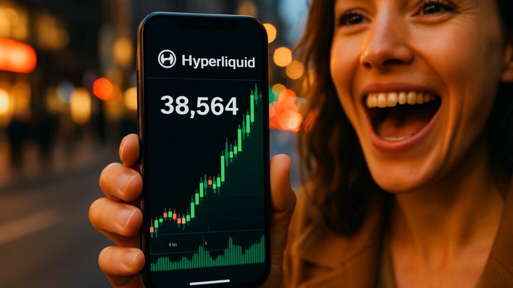 Telefoon met een stijgende groene grafiek van de Hyperliquid koers, vastgehouden op straat