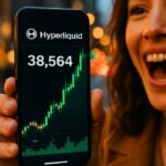 Telefoon met een stijgende groene grafiek van de Hyperliquid koers, vastgehouden op straat