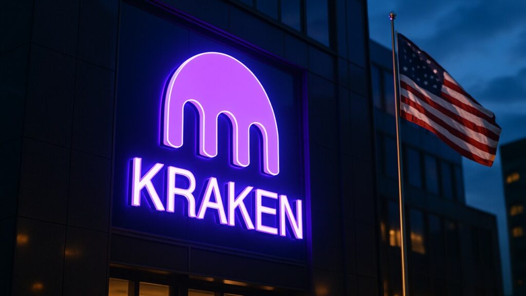 Gebouwgevel met groot Kraken-logo en een Amerikaanse vlag ernaast