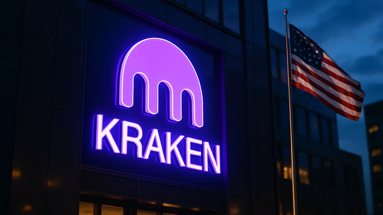 Gebouwgevel met groot Kraken-logo en een Amerikaanse vlag ernaast