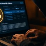 Laptopscherm met een Bitcoin-blockchainverkenner en PGP-bericht, handen op het toetsenbord