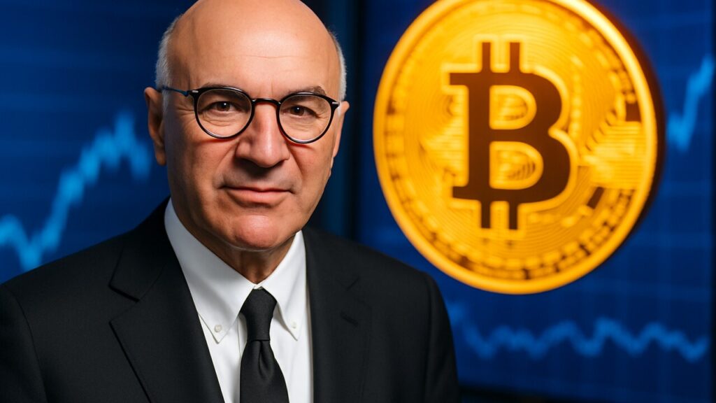 Kevin O'Leary voor een groot Bitcoin-logo op een scherm tijdens een persmoment